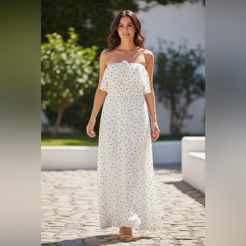 WAYF Polka Dot Rosette Ruched Off the Shoulder Maxi Dress
